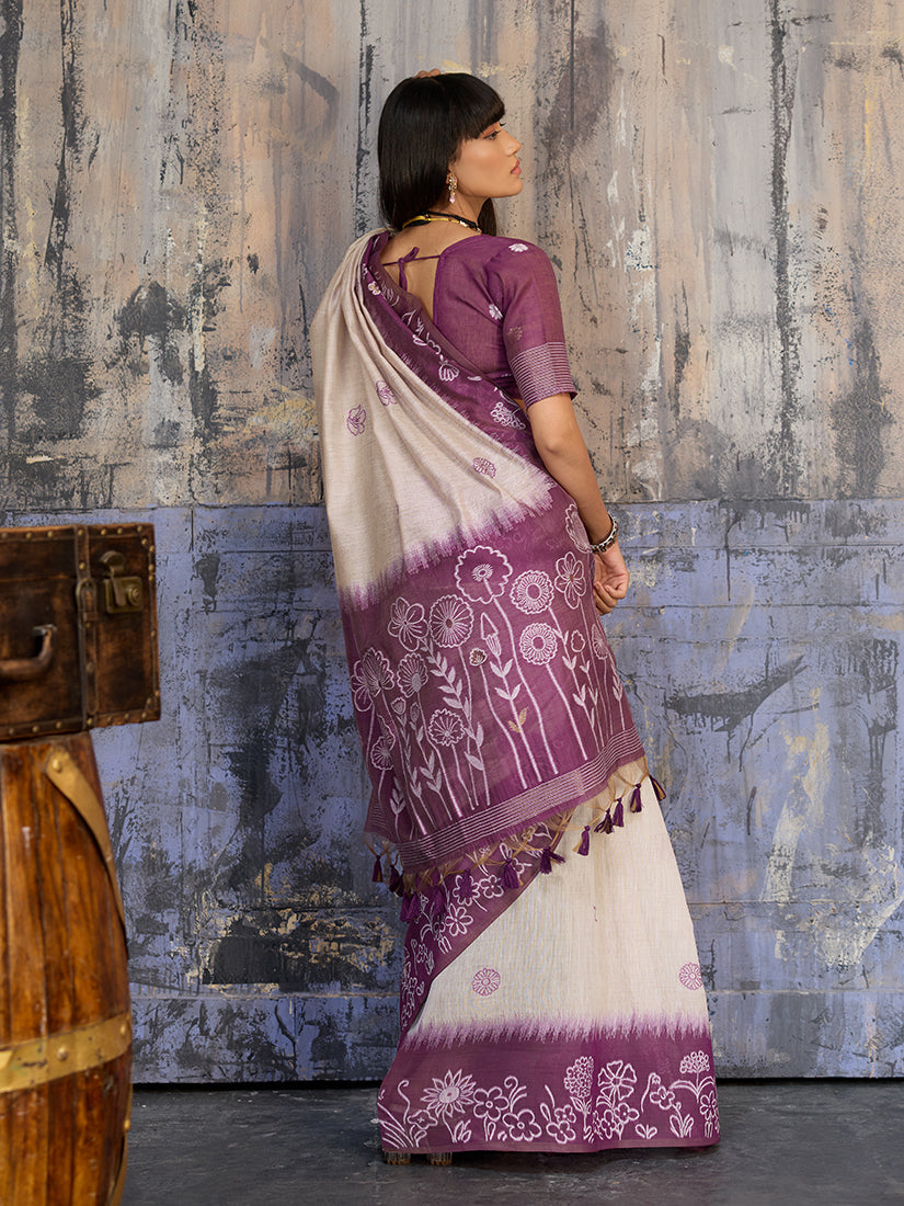 Monjolika Fashion Cotton Blend Cream & Plum Saree
