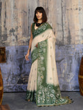 Monjolika Fashion Cotton Blend Cream & Olive Green Saree