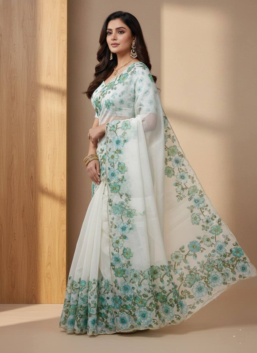 Evanik Soft Crystal Organza With Floral Print With Pearls And Pipe Hand Work Saree With Unstitched Blouse
