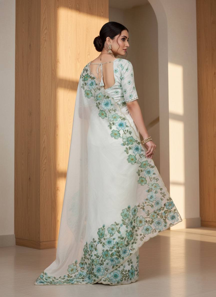 Evanik Soft Crystal Organza With Floral Print With Pearls And Pipe Hand Work Saree With Unstitched Blouse