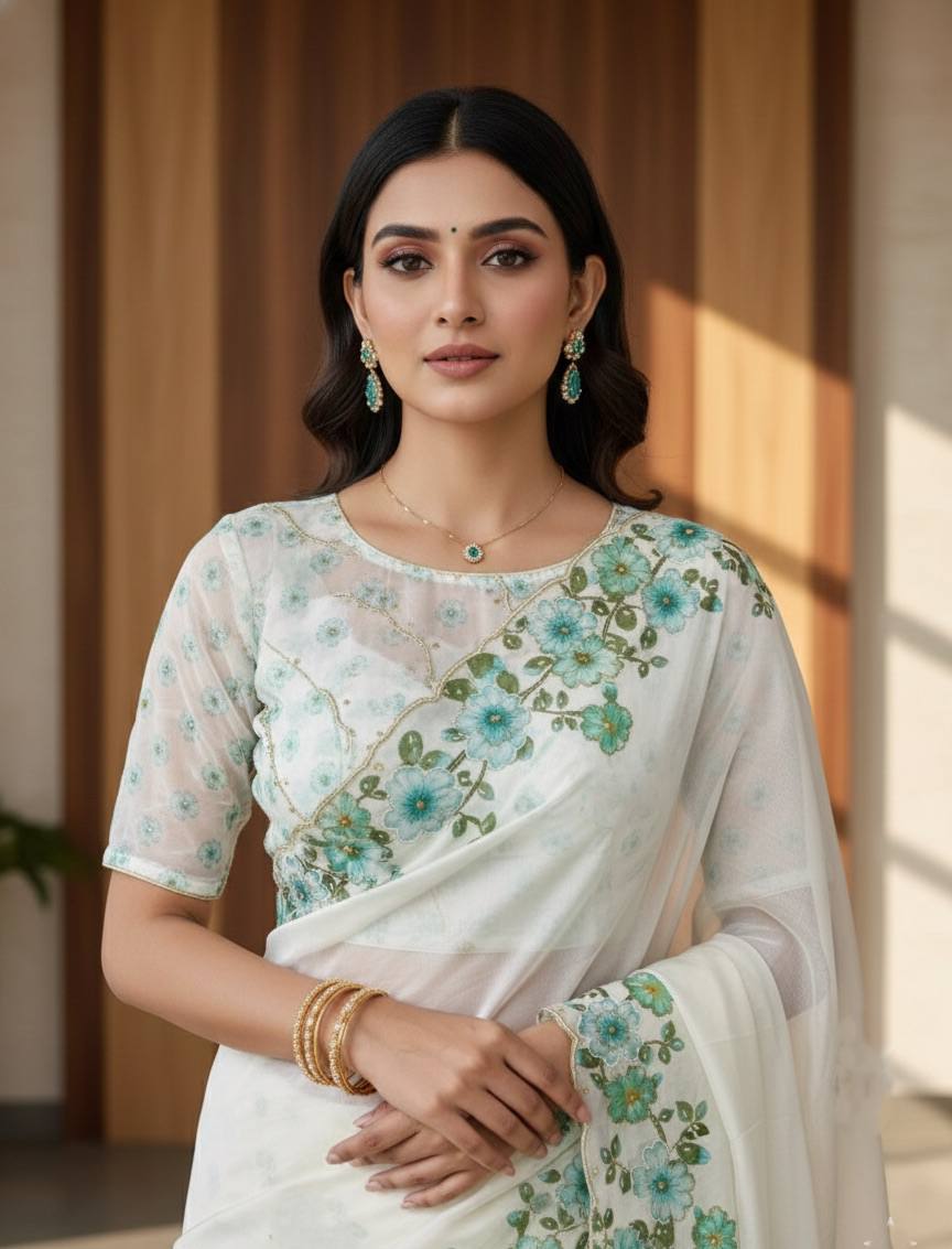 Evanik Soft Crystal Organza With Floral Print With Pearls And Pipe Hand Work Saree With Unstitched Blouse