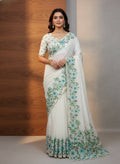 Evanik Soft Crystal Organza With Floral Print With Pearls And Pipe Hand Work Saree With Unstitched Blouse