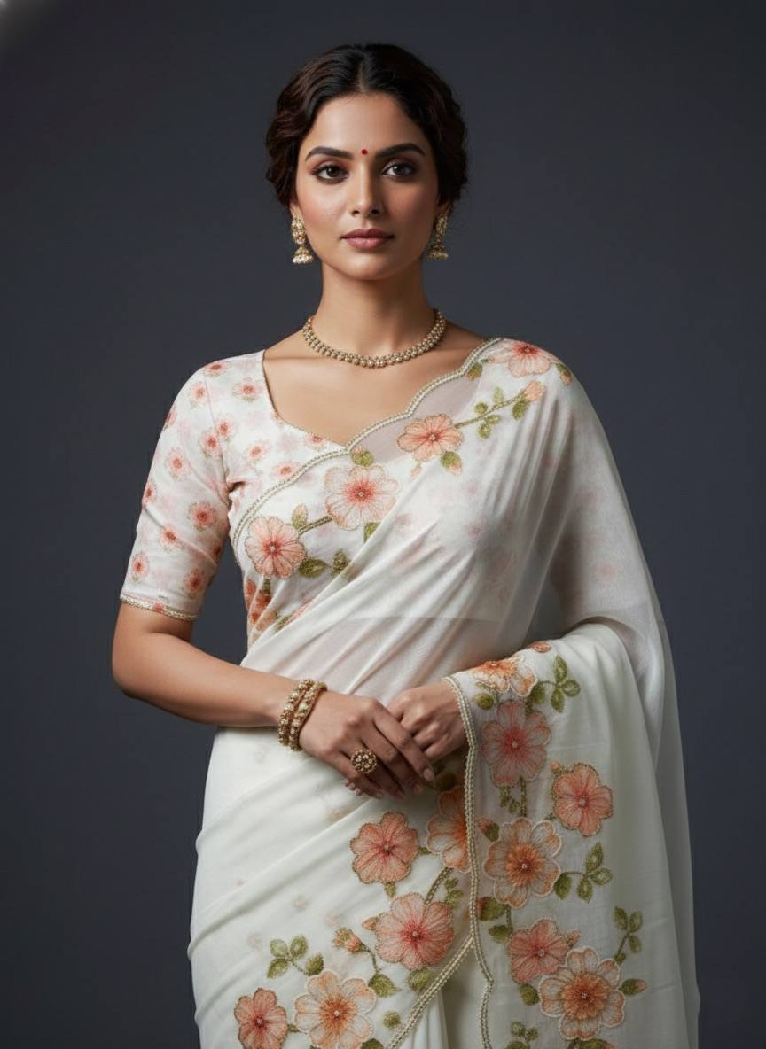 Evanik Soft Crystal Organza With Floral Print With Pearls And Pipe Hand Work Saree With Unstitched Blouse