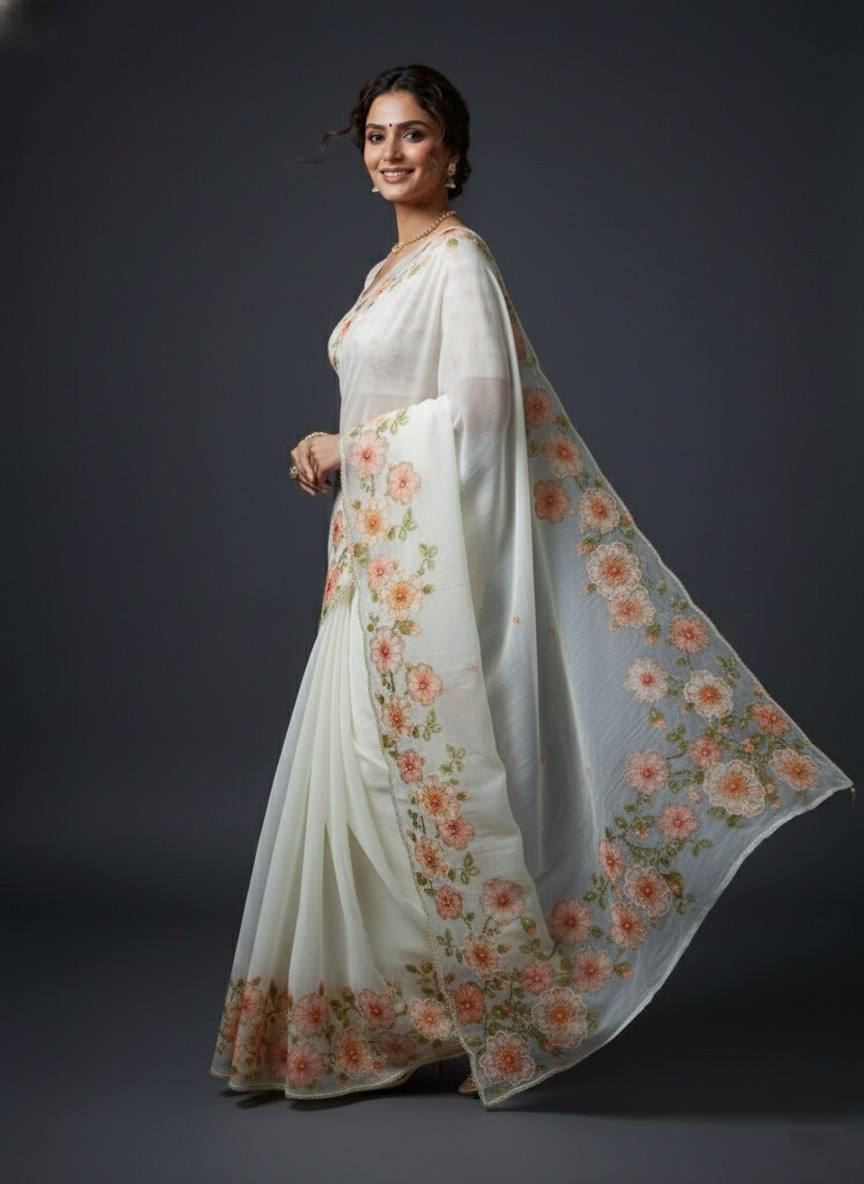 Evanik Soft Crystal Organza With Floral Print With Pearls And Pipe Hand Work Saree With Unstitched Blouse