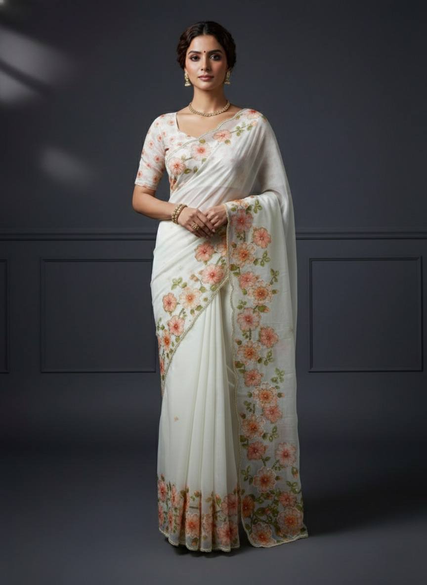 Evanik Soft Crystal Organza With Floral Print With Pearls And Pipe Hand Work Saree With Unstitched Blouse