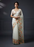 Evanik Soft Crystal Organza With Floral Print With Pearls And Pipe Hand Work Saree With Unstitched Blouse