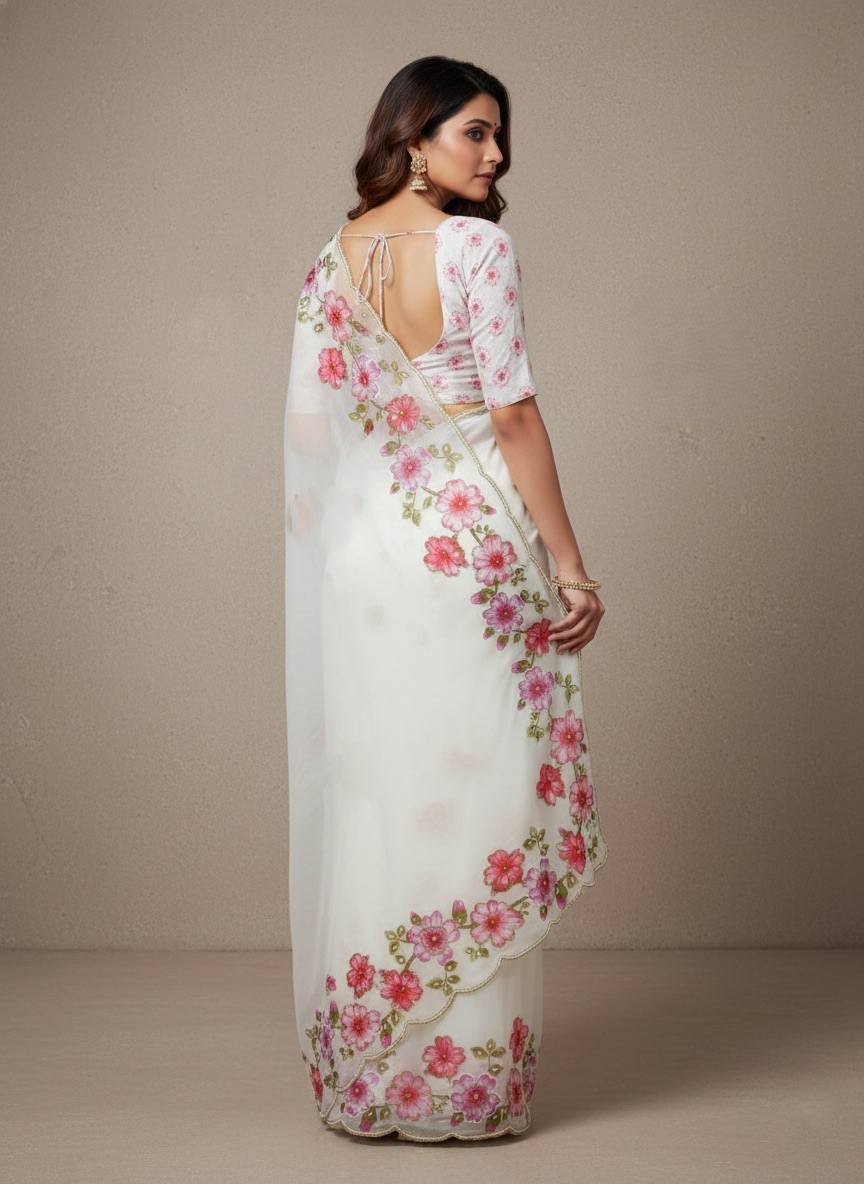 Evanik Soft Crystal Organza With Floral Print With Pearls And Pipe Hand Work Saree With Unstitched Blouse