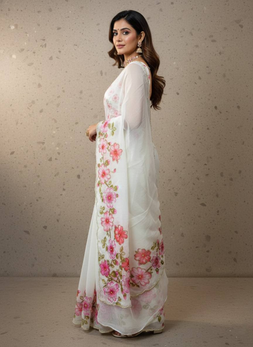 Evanik Soft Crystal Organza With Floral Print With Pearls And Pipe Hand Work Saree With Unstitched Blouse