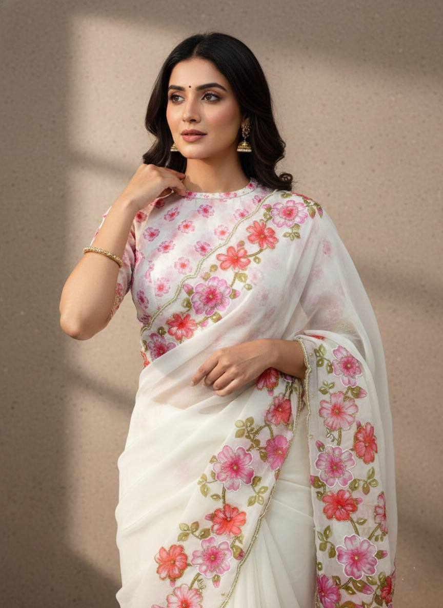 Evanik Soft Crystal Organza With Floral Print With Pearls And Pipe Hand Work Saree With Unstitched Blouse