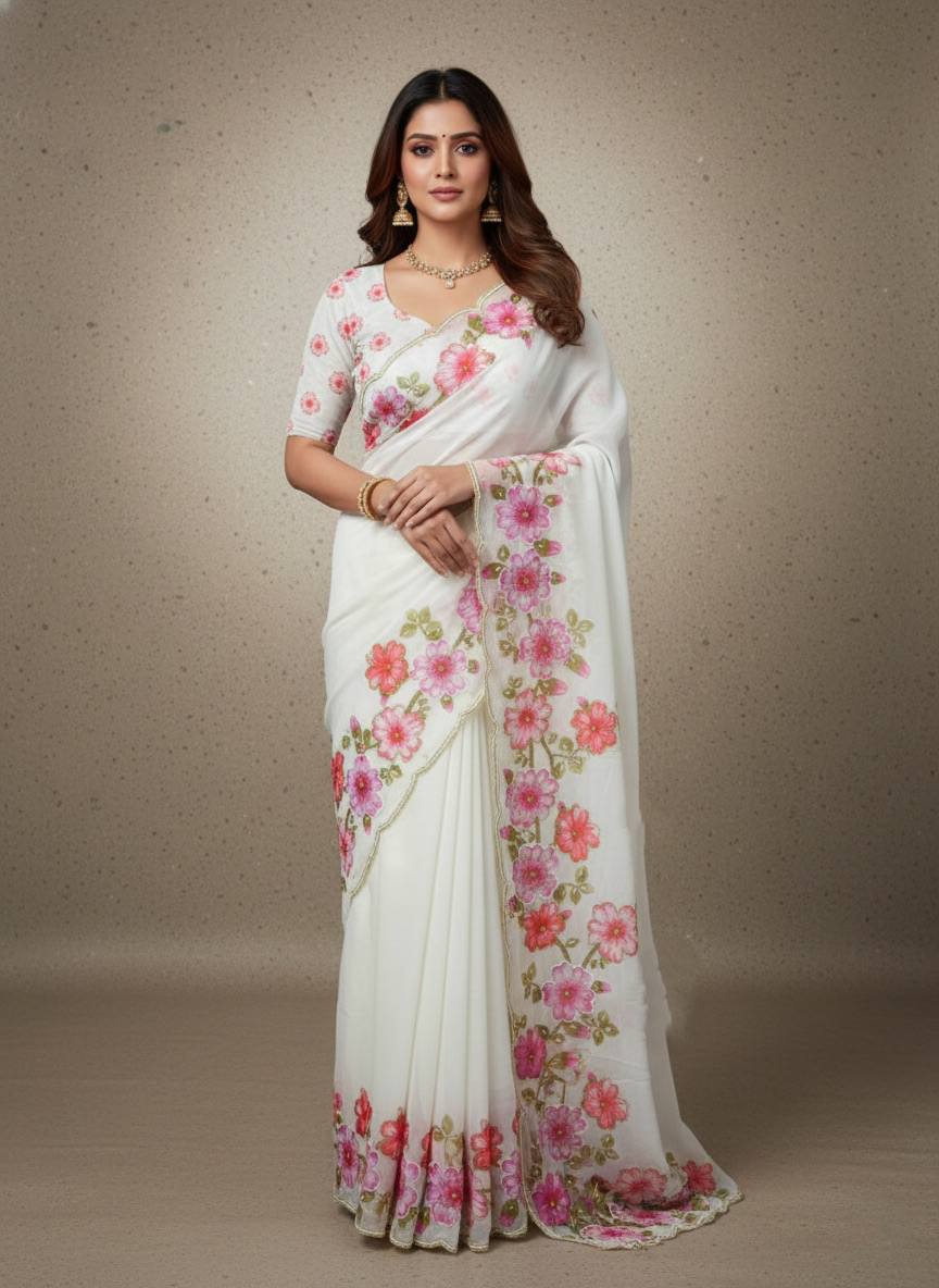 Evanik Soft Crystal Organza With Floral Print With Pearls And Pipe Hand Work Saree With Unstitched Blouse