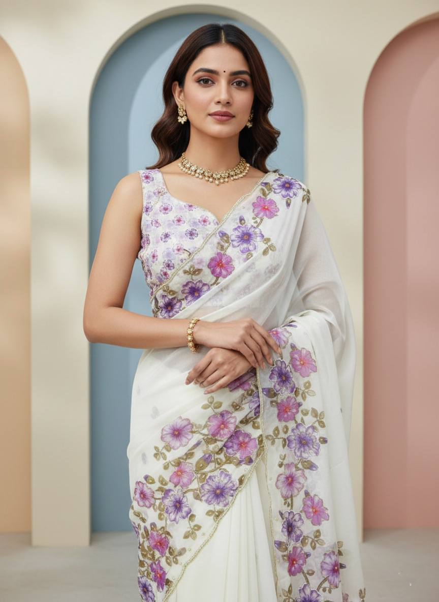 Evanik Soft Crystal Organza With Floral Print With Pearls And Pipe Hand Work Saree With Unstitched Blouse