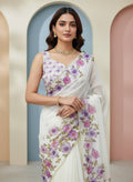 Evanik Soft Crystal Organza With Floral Print With Pearls And Pipe Hand Work Saree With Unstitched Blouse