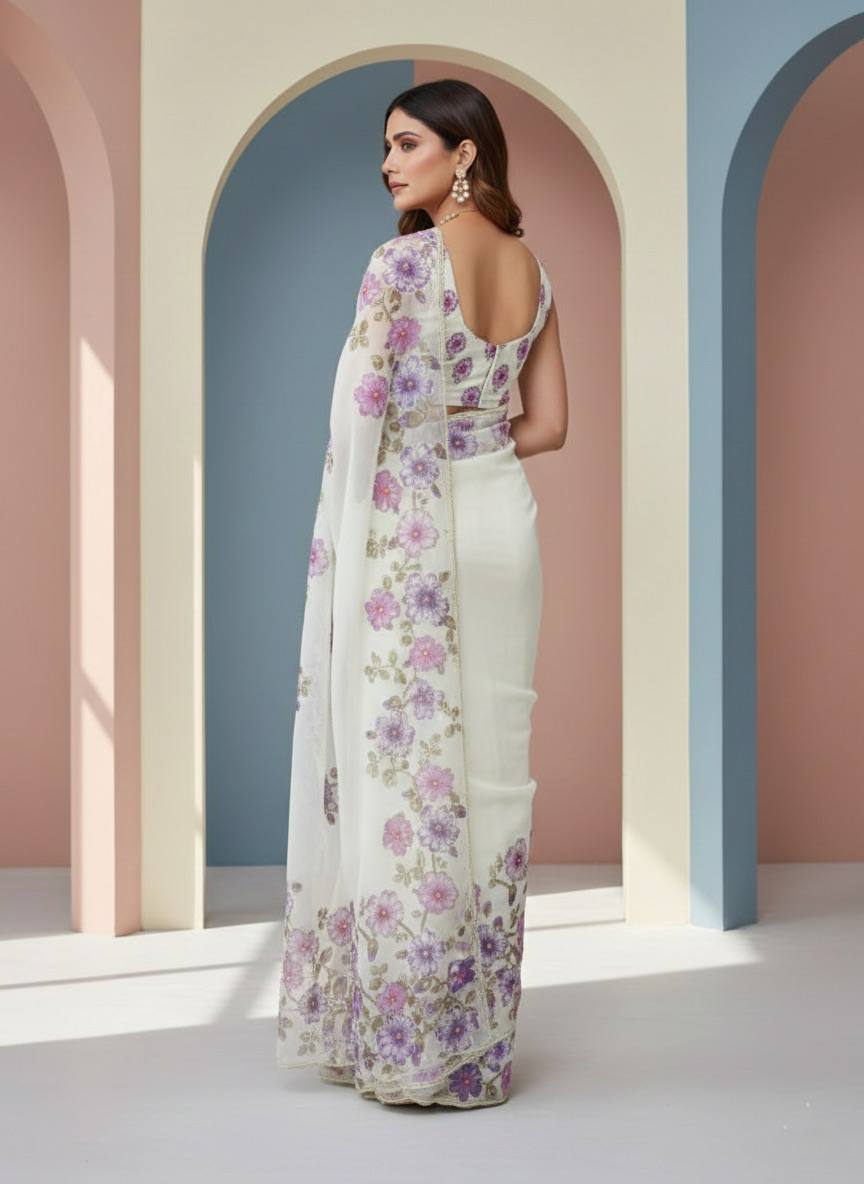 Evanik Soft Crystal Organza With Floral Print With Pearls And Pipe Hand Work Saree With Unstitched Blouse