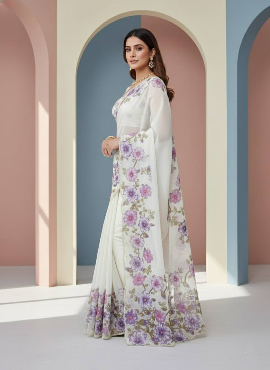 Evanik Soft Crystal Organza With Floral Print With Pearls And Pipe Hand Work Saree With Unstitched Blouse