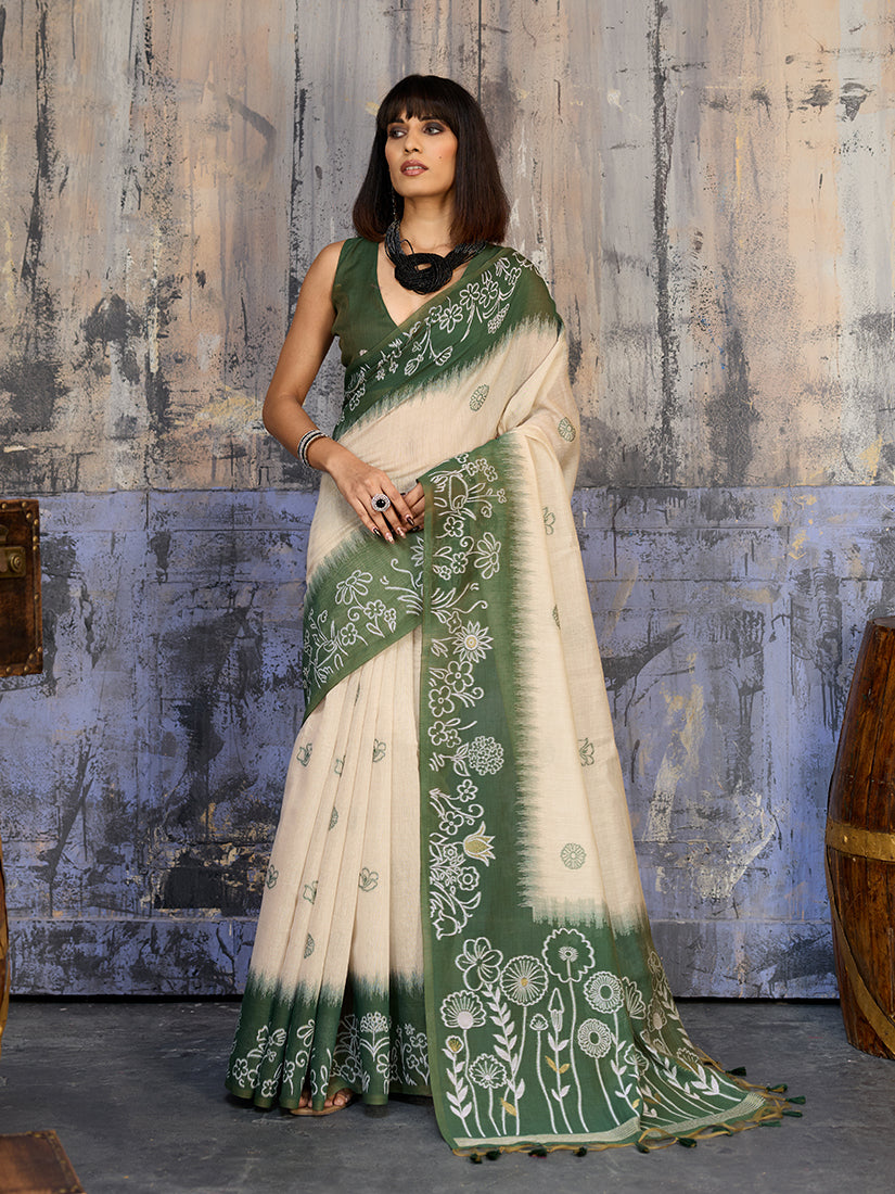 Monjolika Fashion Cotton Blend Cream & Olive Green Saree