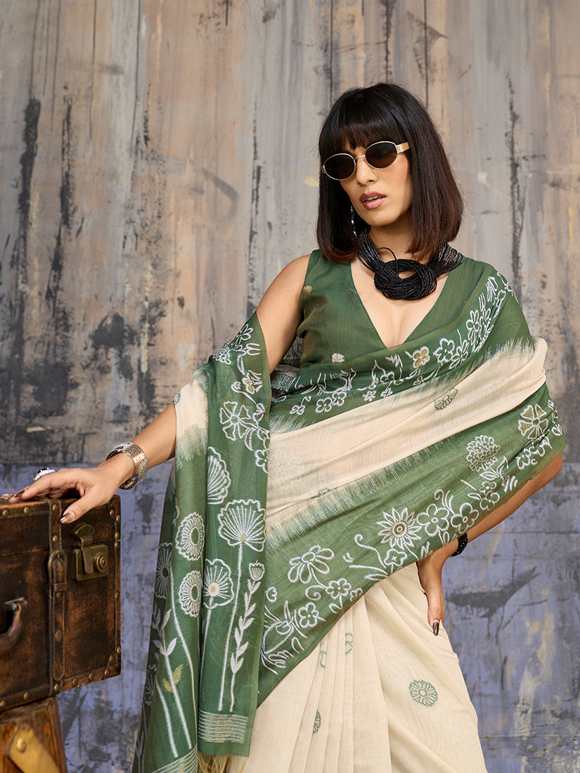 Monjolika Fashion Cotton Blend Cream & Olive Green Saree