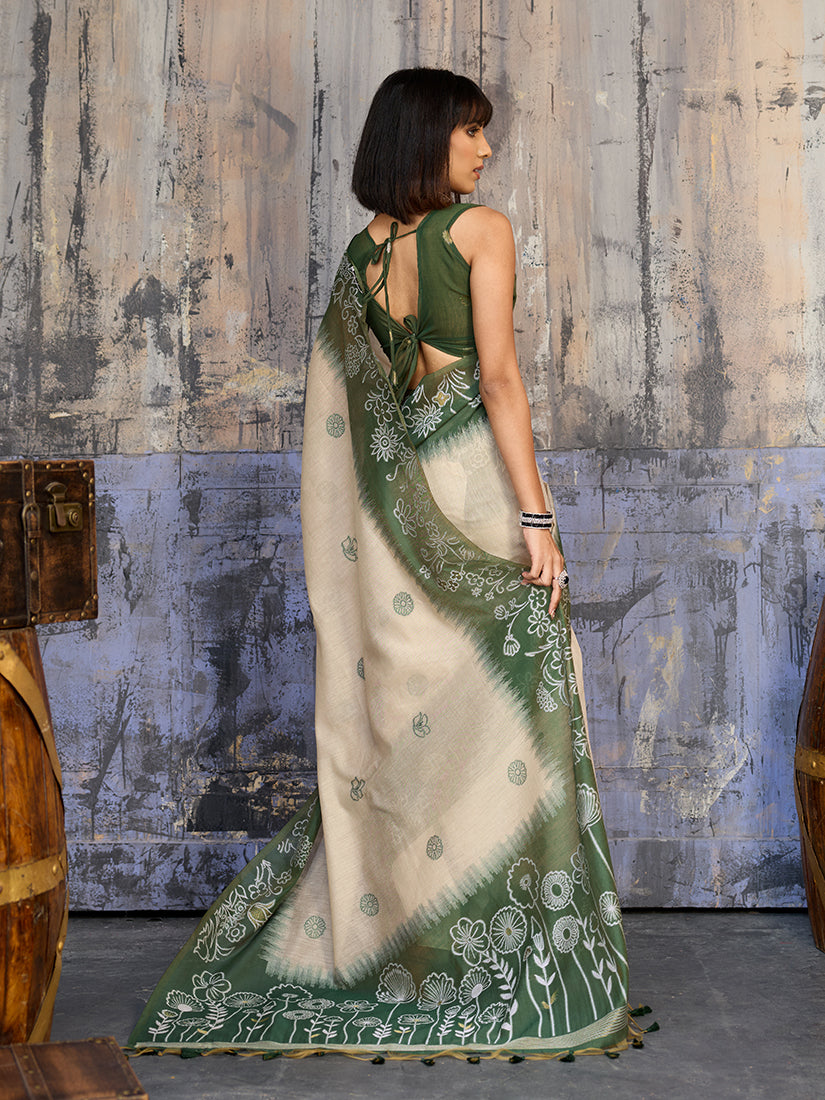 Monjolika Fashion Cotton Blend Cream & Olive Green Saree