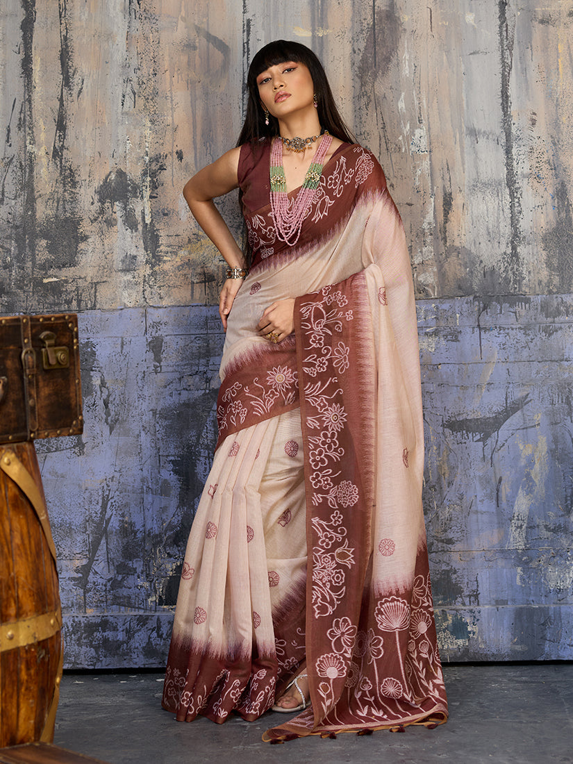 Monjolika Fashion Cotton Blend Cream & Brown Saree