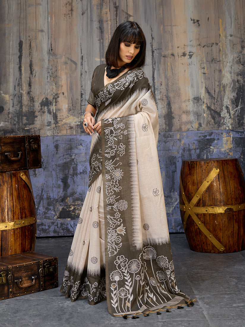 Monjolika Fashion Cotton Blend Cream & Black Saree