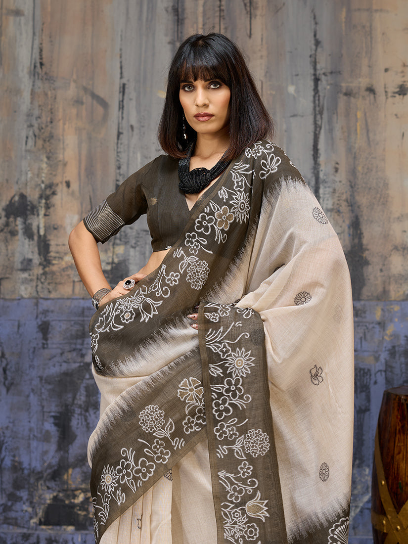 Monjolika Fashion Cotton Blend Cream & Black Saree