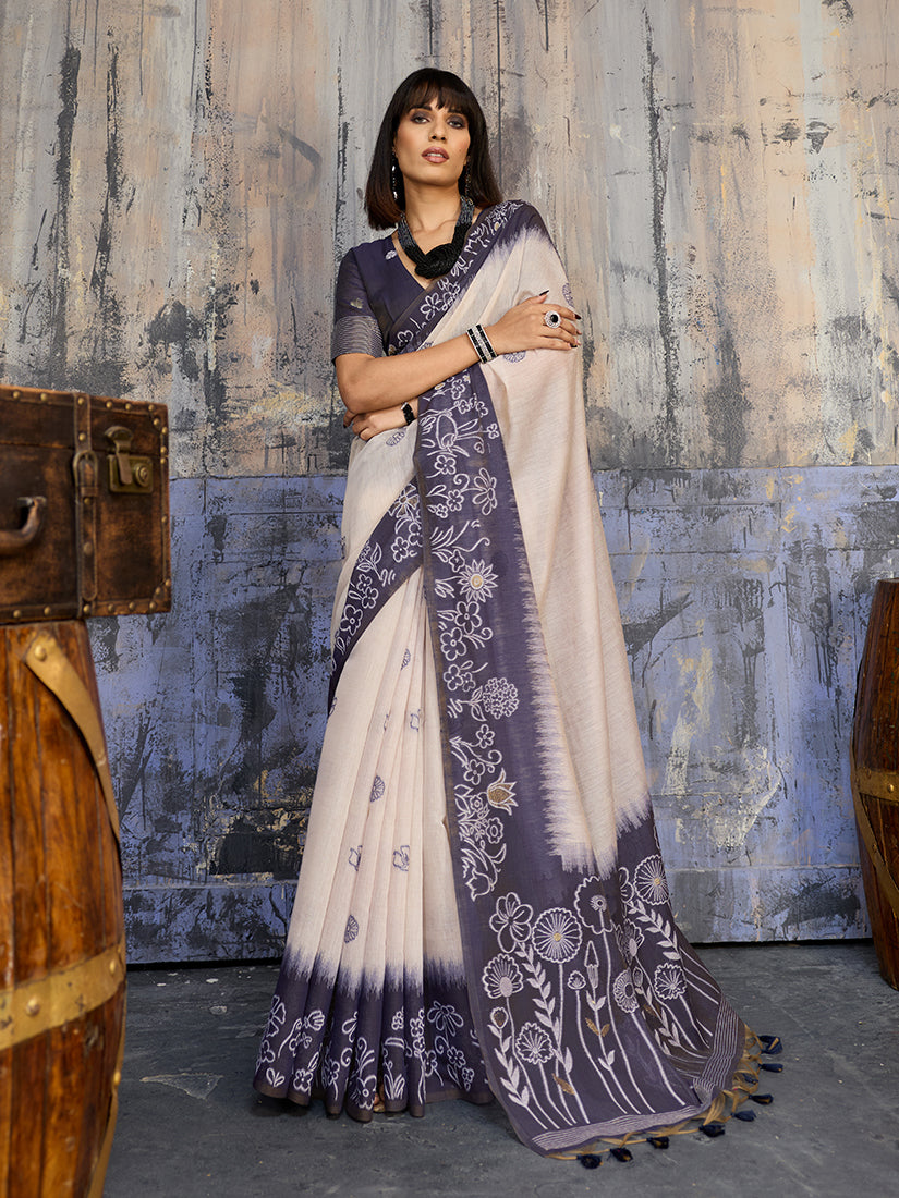 Monjolika Fashion Cotton Blend Cream & Navy Blue Saree