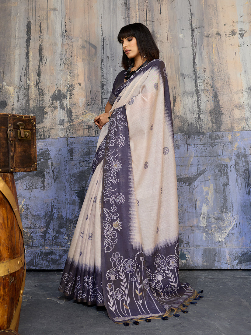 Monjolika Fashion Cotton Blend Cream & Navy Blue Saree