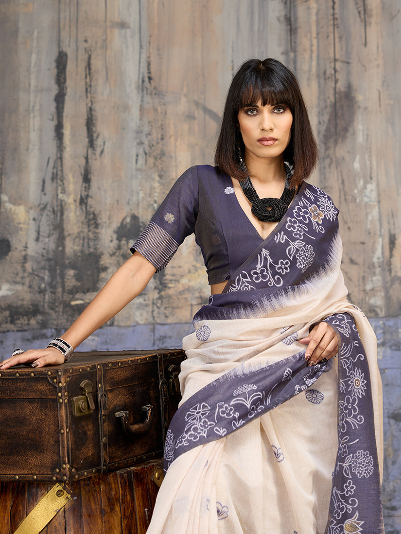 Monjolika Fashion Cotton Blend Cream & Navy Blue Saree