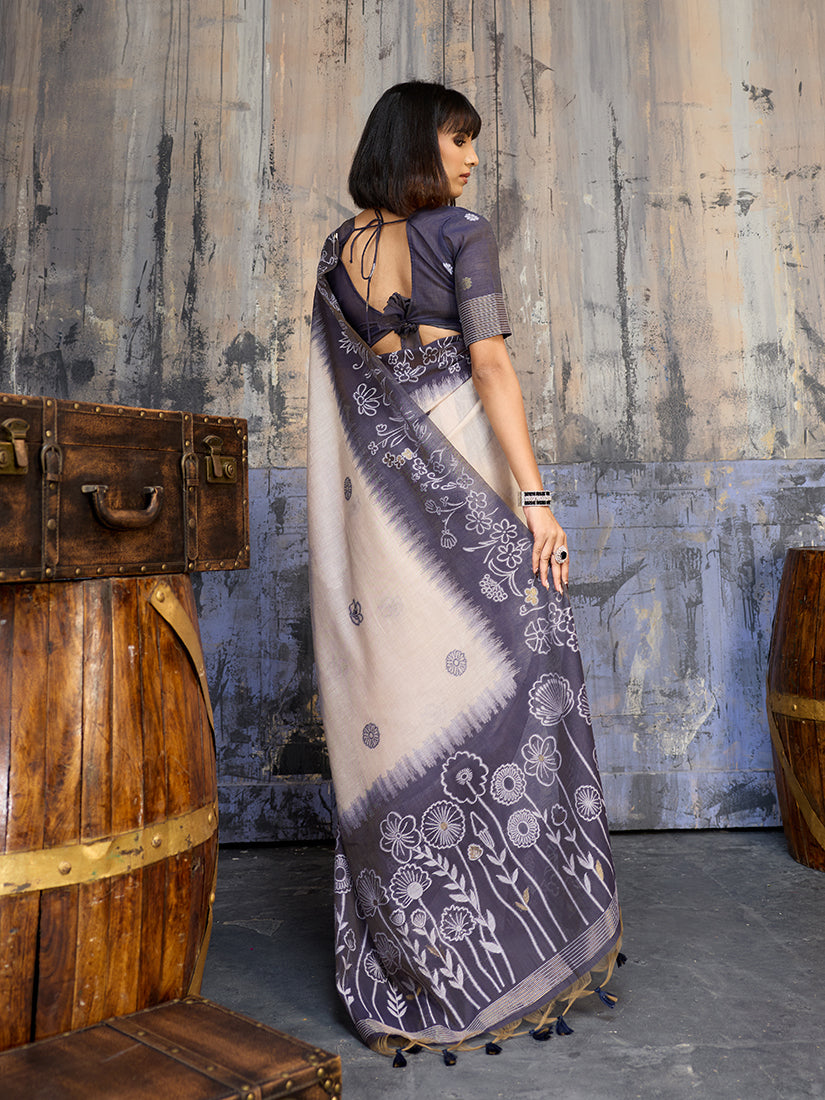 Monjolika Fashion Cotton Blend Cream & Navy Blue Saree
