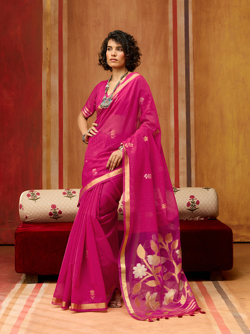 Monjolika Fashion Rani Pink Silk Blend woven Work Saree