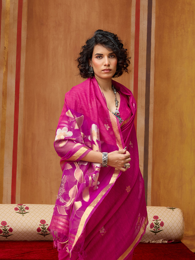 Monjolika Fashion Rani Pink Silk Blend woven Work Saree