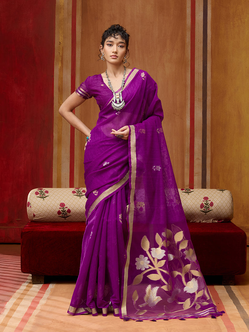 Monjolika Fashion Purple Silk Blend woven Work Saree