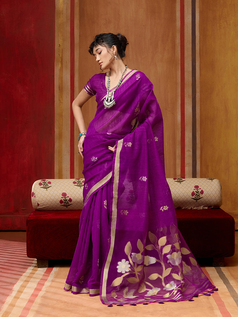 Monjolika Fashion Purple Silk Blend woven Work Saree