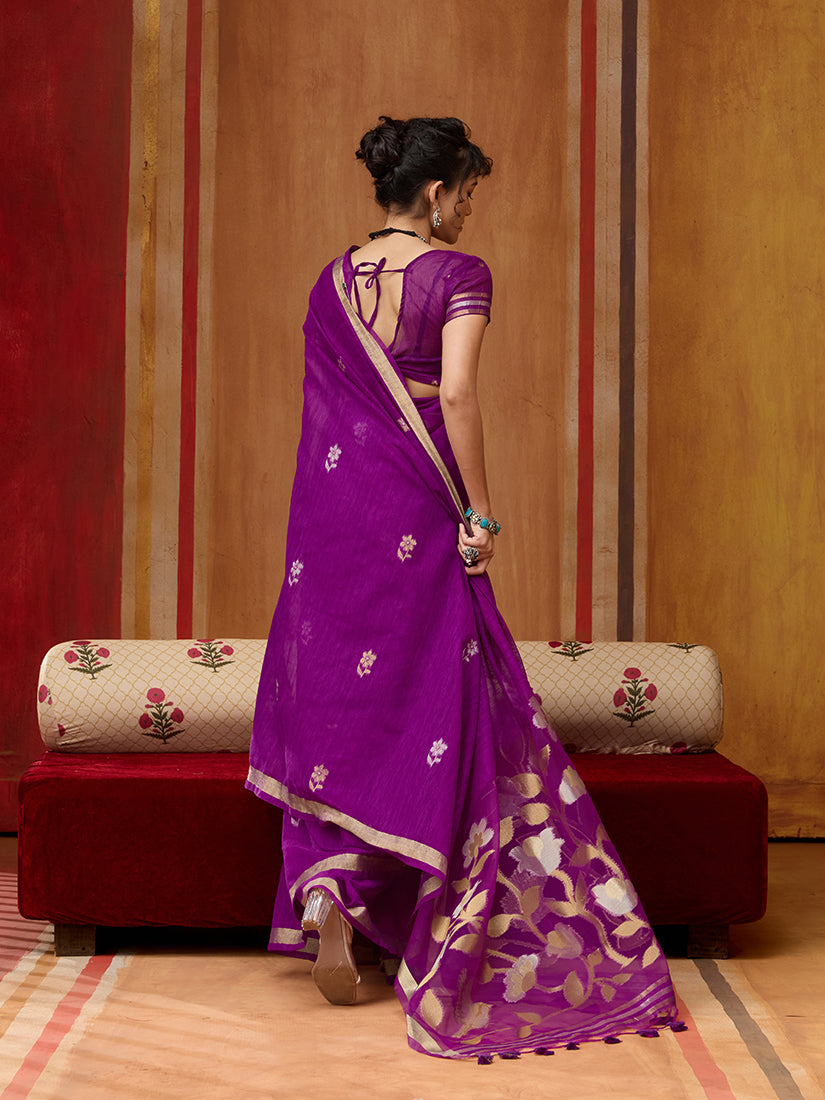 Monjolika Fashion Purple Silk Blend woven Work Saree