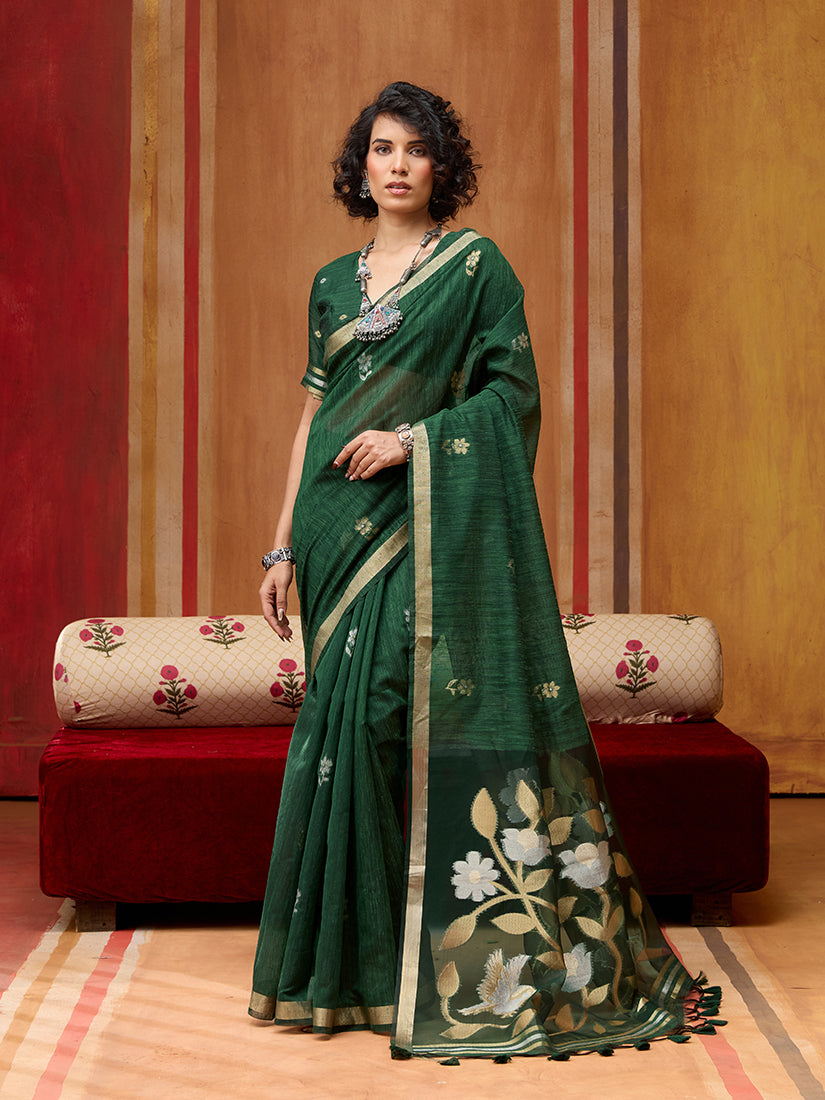 Monjolika Fashion Dark Green Silk Blend woven Work Saree