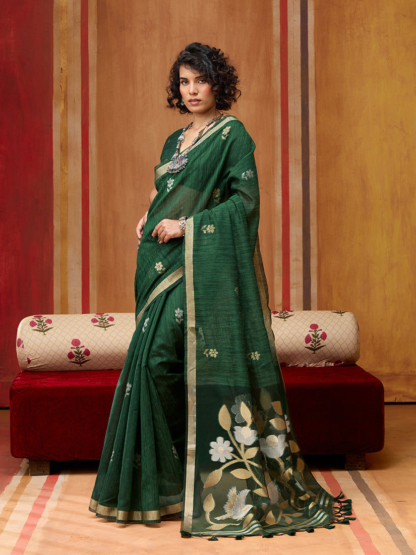 Monjolika Fashion Dark Green Silk Blend woven Work Saree