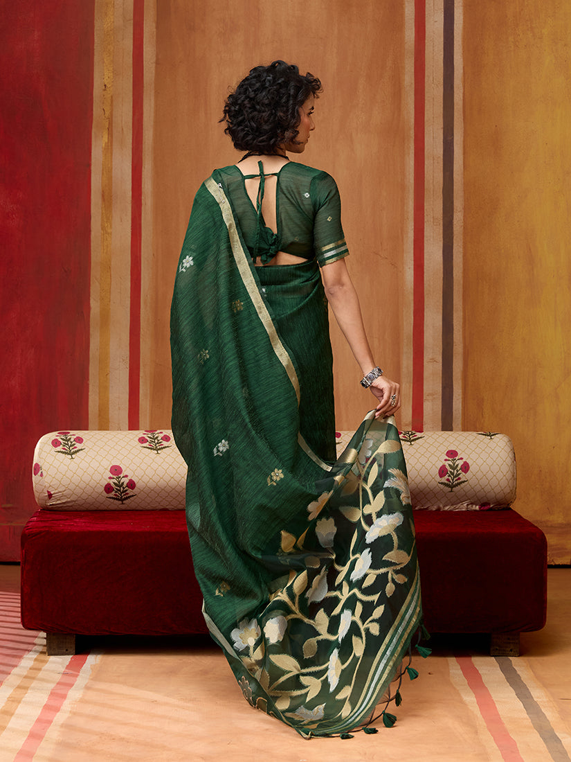 Monjolika Fashion Dark Green Silk Blend woven Work Saree