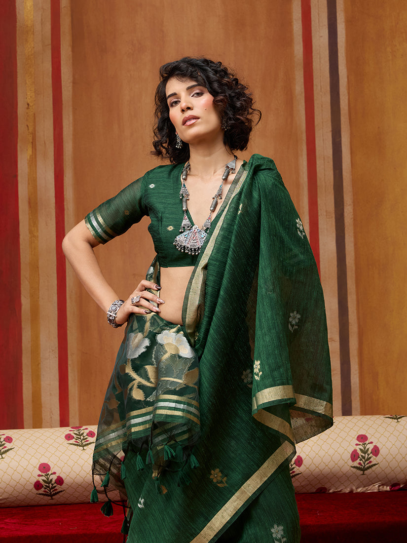 Monjolika Fashion Dark Green Silk Blend woven Work Saree