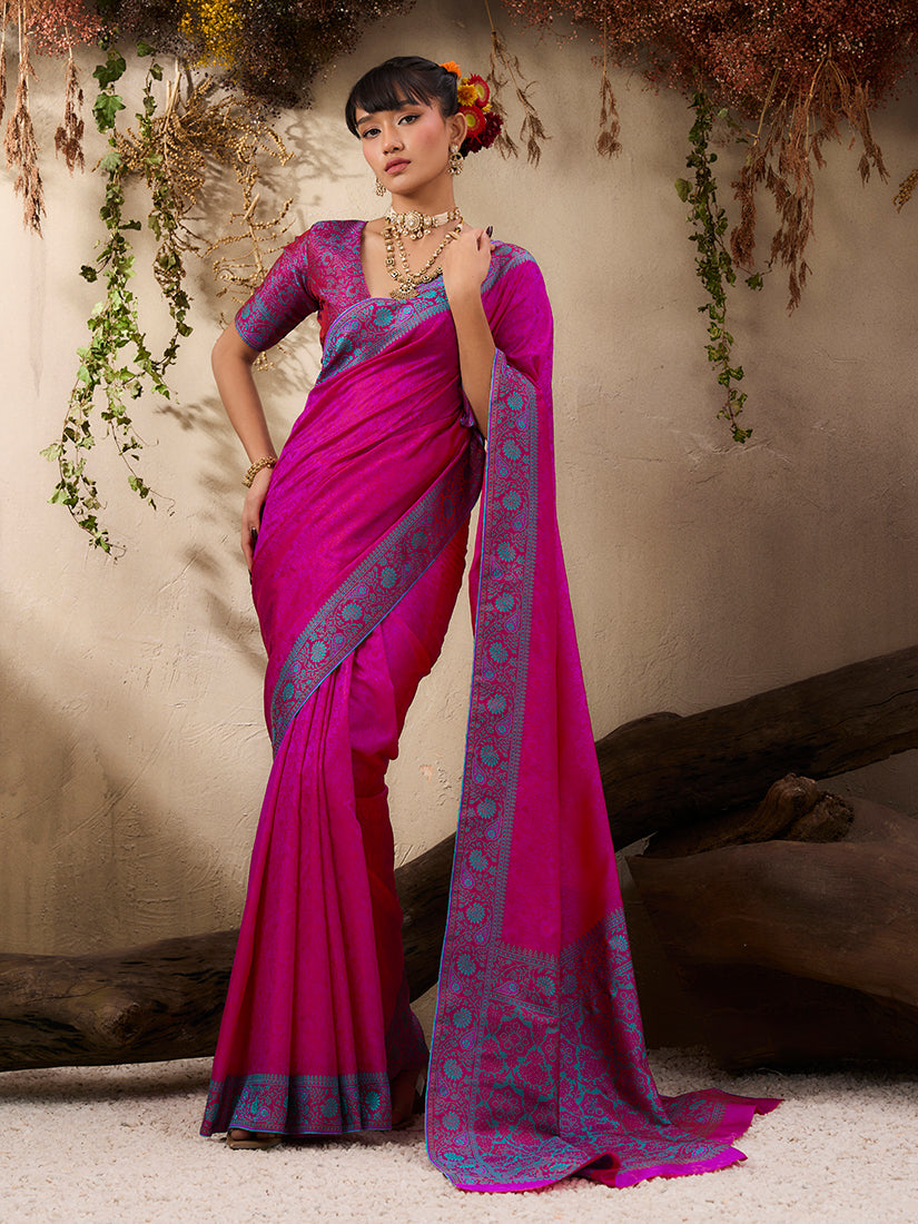 Monjolika Fashion Rani Pink woven Kanjivaram Silk Blend Saree