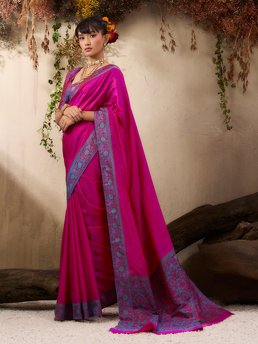 Monjolika Fashion Rani Pink woven Kanjivaram Silk Blend Saree