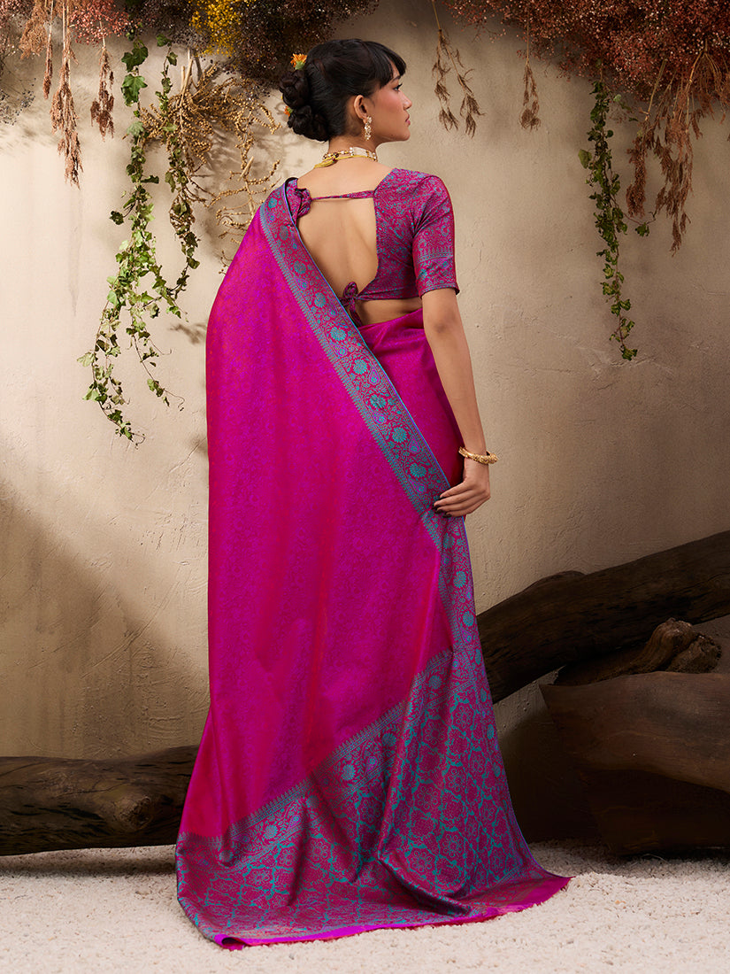 Monjolika Fashion Rani Pink woven Kanjivaram Silk Blend Saree