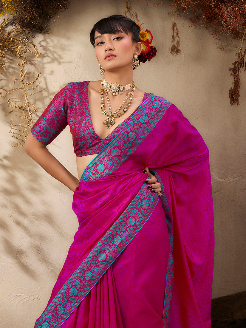 Monjolika Fashion Rani Pink woven Kanjivaram Silk Blend Saree