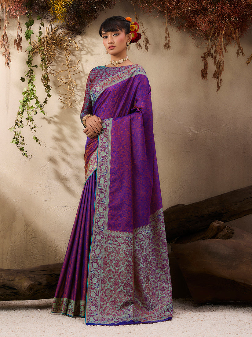 Monjolika Fashion Purple woven Kanjivaram Silk Blend Saree