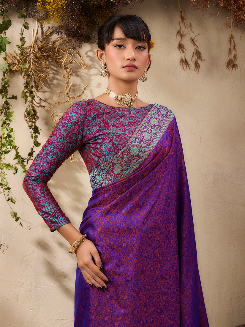 Monjolika Fashion Purple woven Kanjivaram Silk Blend Saree