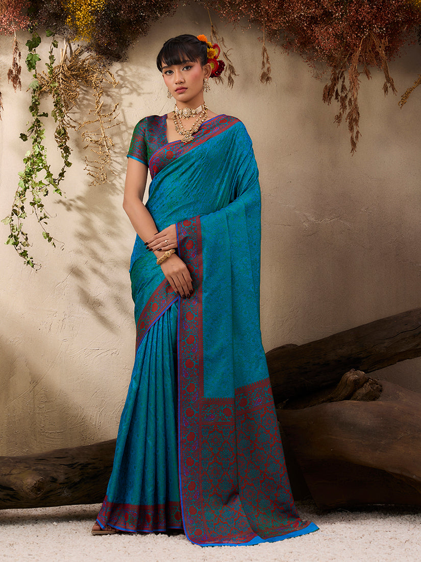 Monjolika Fashion Teal Blue woven Kanjivaram Silk Blend Saree