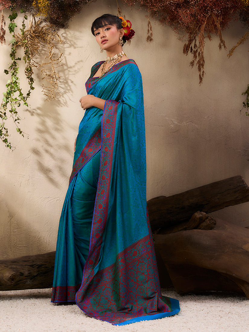 Monjolika Fashion Teal Blue woven Kanjivaram Silk Blend Saree