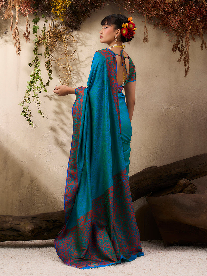Monjolika Fashion Teal Blue woven Kanjivaram Silk Blend Saree