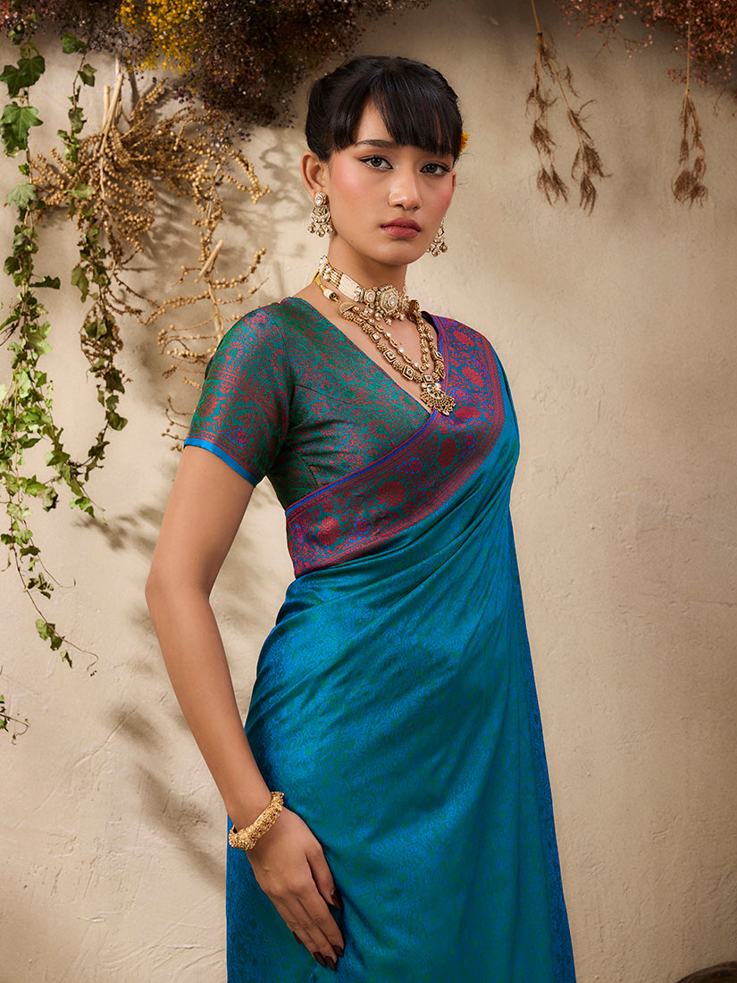 Monjolika Fashion Teal Blue woven Kanjivaram Silk Blend Saree