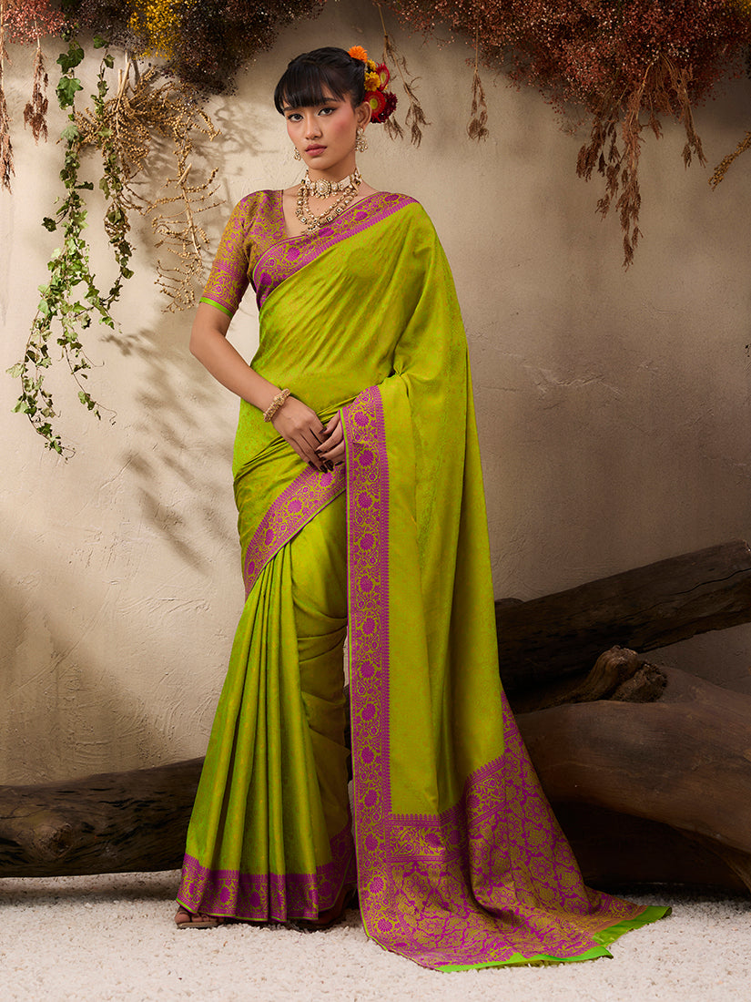 Monjolika Fashion Parrot Green woven Kanjivaram Silk Blend Saree