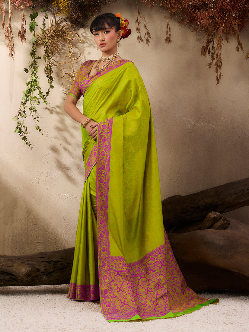 Monjolika Fashion Parrot Green woven Kanjivaram Silk Blend Saree