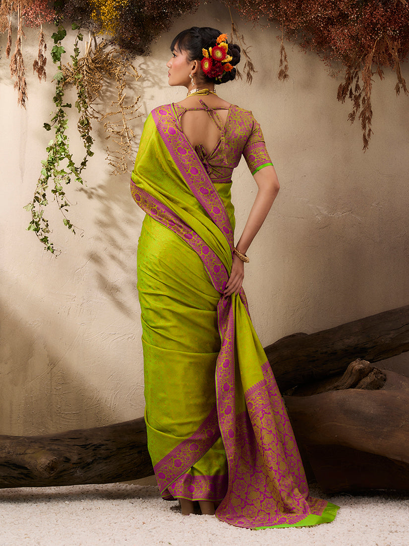 Monjolika Fashion Parrot Green woven Kanjivaram Silk Blend Saree